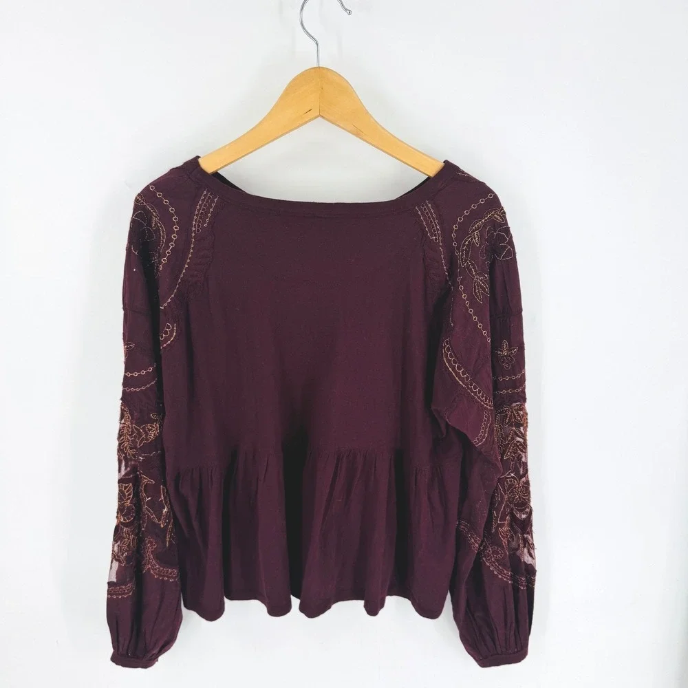 Free People Small Burgundy Plum Embroidered Lace Long Sleeve Top Boho Whimsigoth